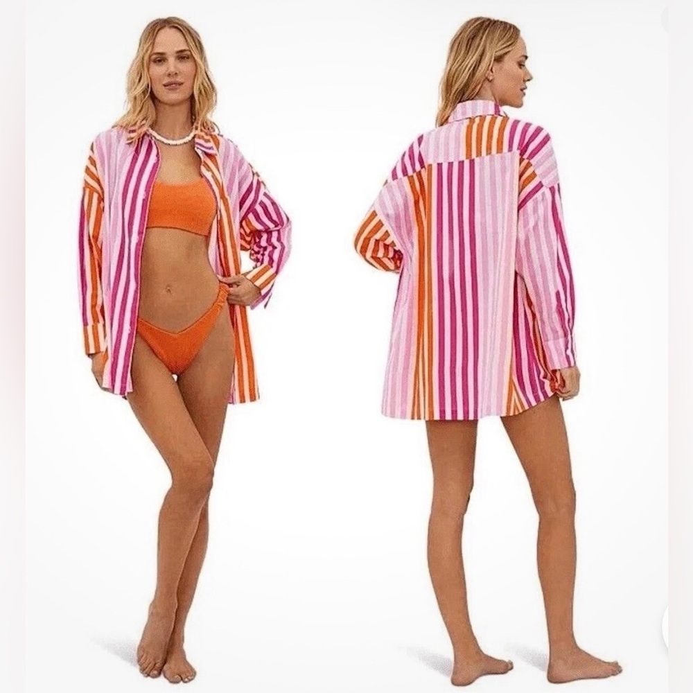 Beach Riot • Alexa Coverup Button Down Top Shirt Petite Large PL Sunset Stripes